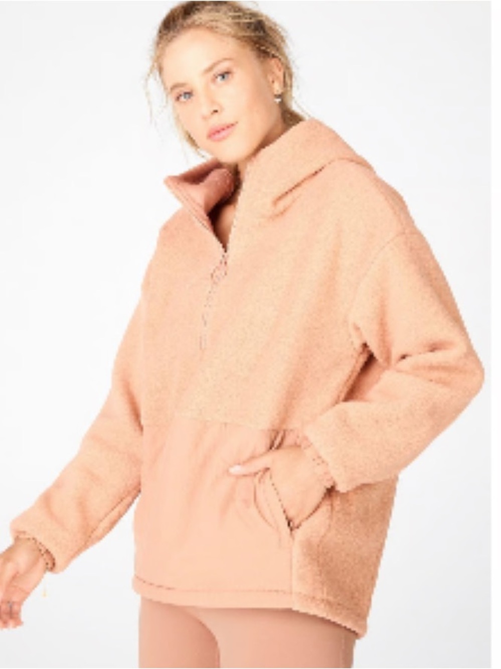Fabletics Lotta Teddy Half-Zip Jacket Pullover Hooded Fleece Pocket Tan Peach M